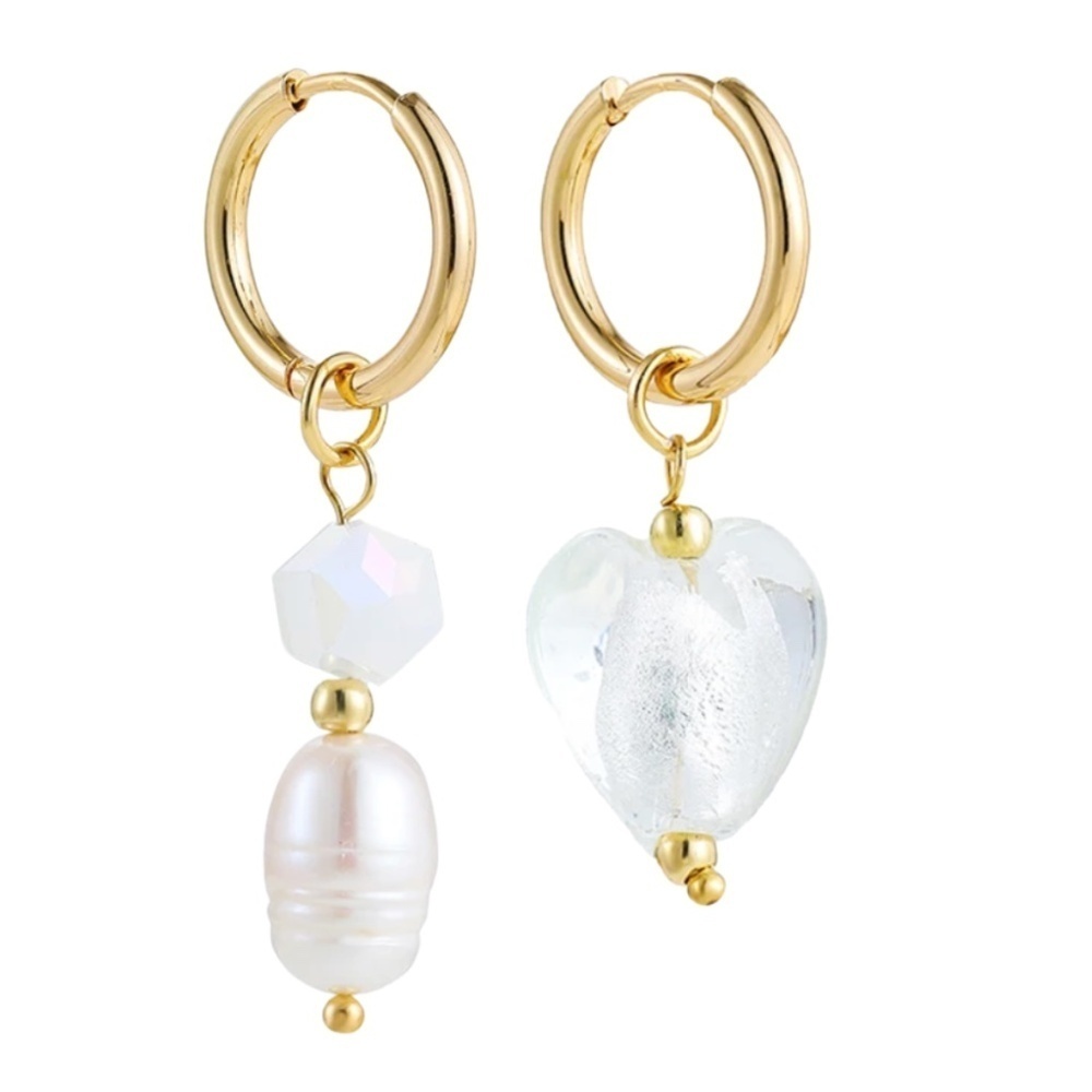 Asymmetrical Gold Hoop Earrings – Freshwater Pearl & Glass Heart Dangle – 1.8 &